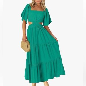 Emerald Tiered Maxi Dress with Square Neck, Cutouts & Crossover Waist